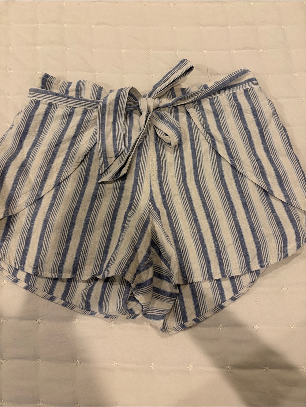 Patagonia Blue and White Striped High-Waist Tie-Front Shorts